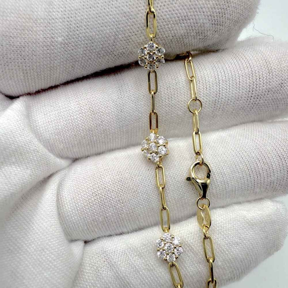 7” Gold Plated over .925 Sterling Silver Cz Flower Bracelet - Picture 4 of 16